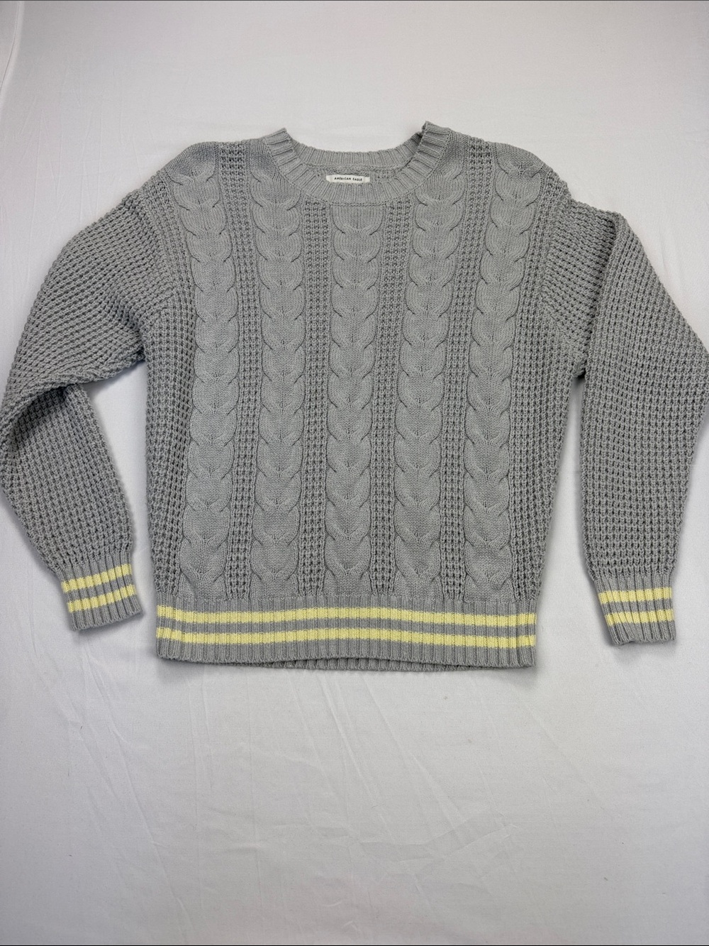 American Eagle Outfitters Gray Crewneck Sweater with Yellow Stripe Accents